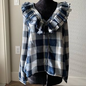 Melrose and Market V-Neck Ruffle Trim Plaid Button Down Shirt